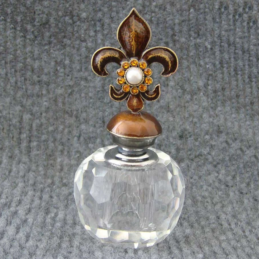 Elegant Glass Perfume Bottle 7ml with Enameled And Jeweled Fleur de lis Lid