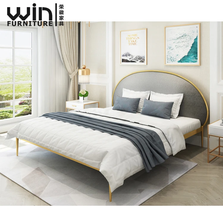 
Luxury metal frame fabric upholstered gold bed design 