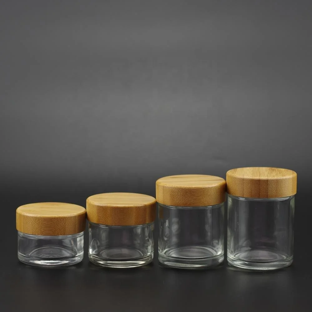 30ml 60ml 100ml 120ml clear glass jar with child resistant real bamboo lid packaging for cosmetic cbd oil