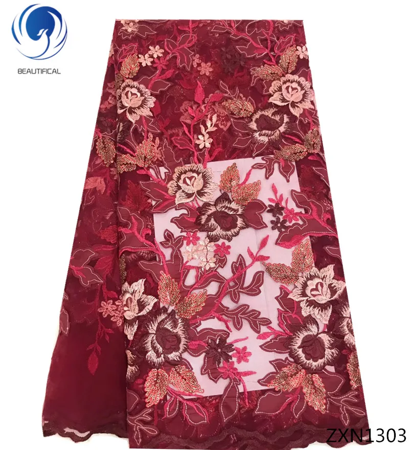 Beautifical african fabric mesh flower embroidery sequin net lace navy blue tulle ZXN13