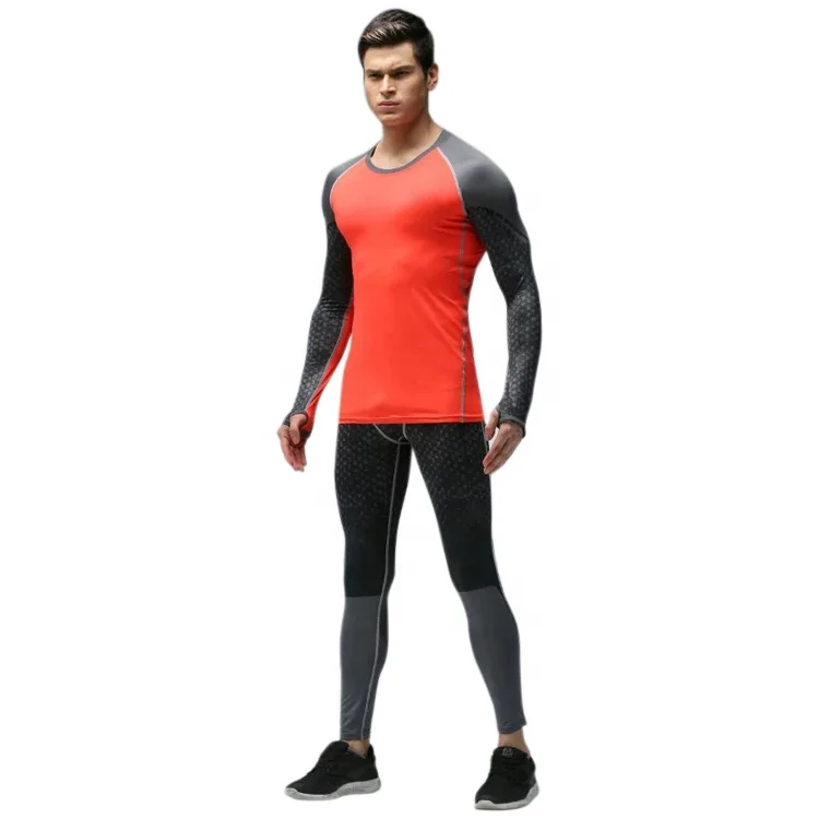 Ptsports young design long sleeves tight gym wear outdoor athletic sportswear men compression tights two pieces fitness set