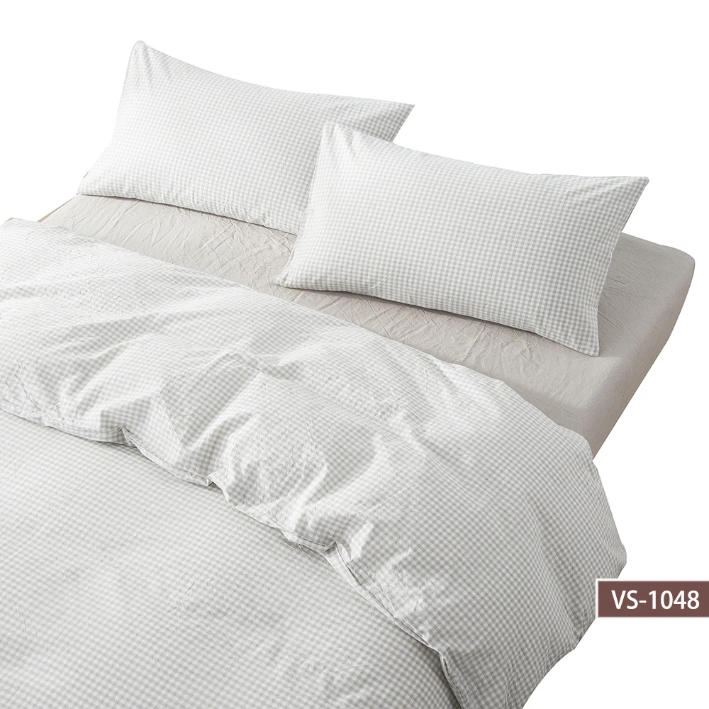 Simple Japanese style stone washed 100% cotton bedding linen in small check pattern