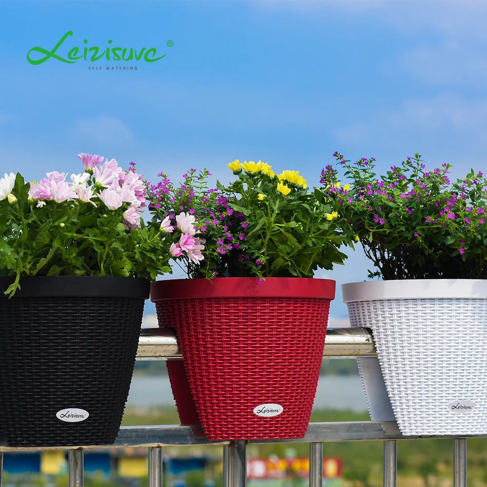 China factory fancy rattan wholesale plastic wicker plant pots rail railing planter split pot balcony flower pots for balconies