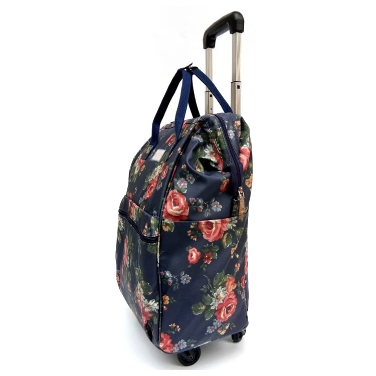 Large Capacity Flora Print Canvas Trolley Tote Bag Cabin Luggage On Wheel Rolling Travel Bag