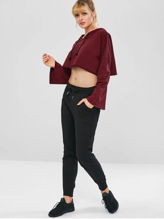 
KY wine red Raw- Hem boxybelly long sleeve drop shoulder bell button Sport womens gym women crop top hoodie 