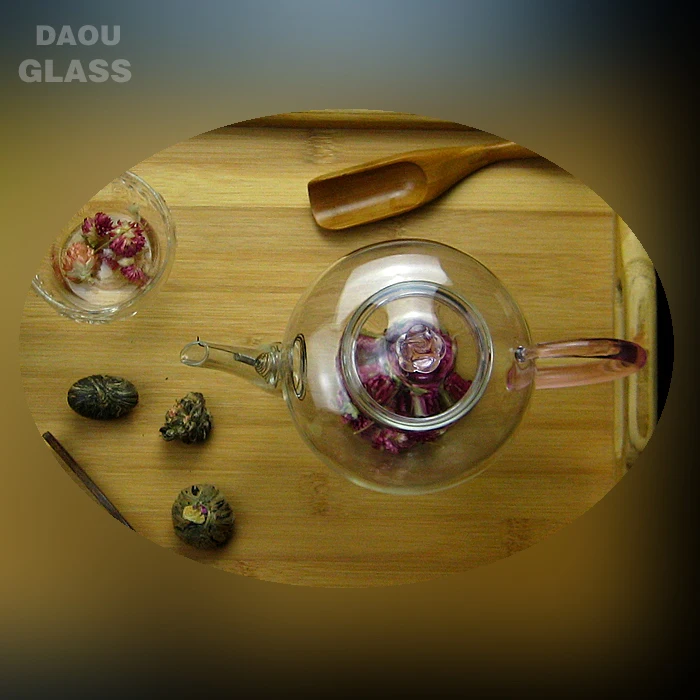 
novelty heat resistant pyrex glass tea sets with teapot,Blooming flower tea special teapot, Pink handle and rose lid 