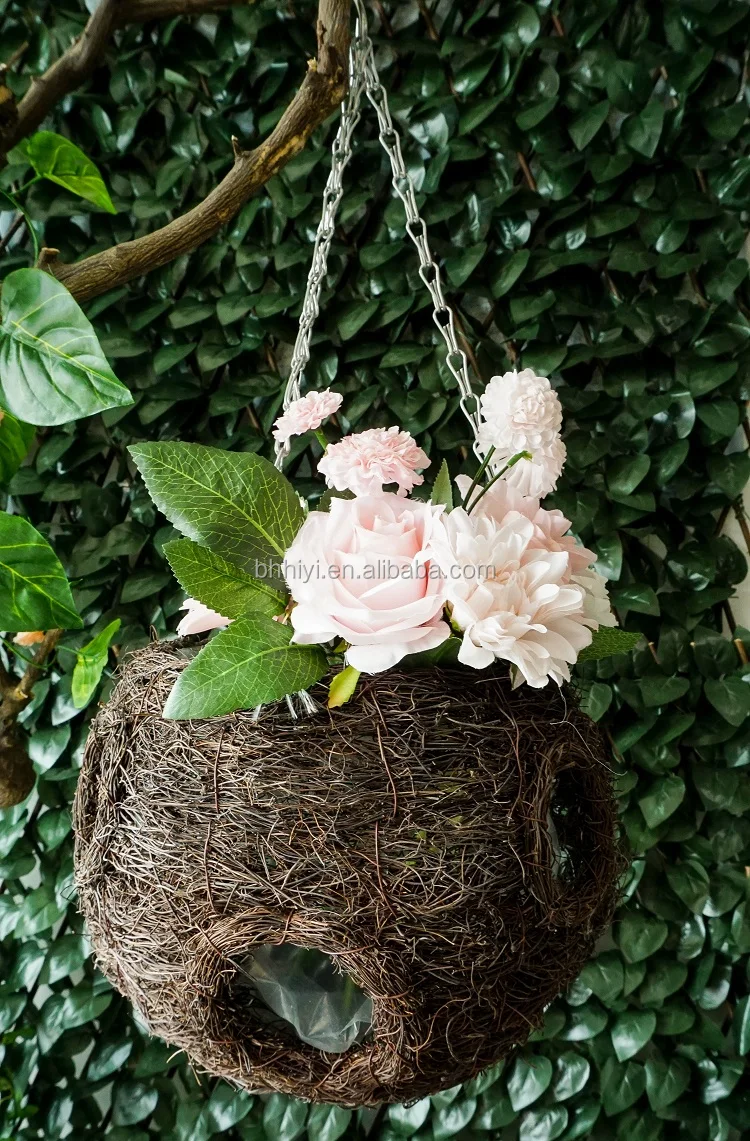 
Custom Rattan Style Plant Pots Planters Hanging Baskets Natural Woven Garden Round Flower Plant Hanger with Hook and Chain 