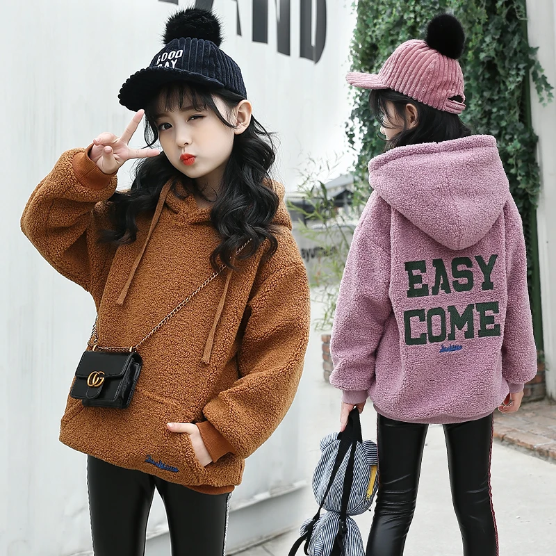 
Winter thick coat girls wool fabric letter embroidered with hood hoodie 