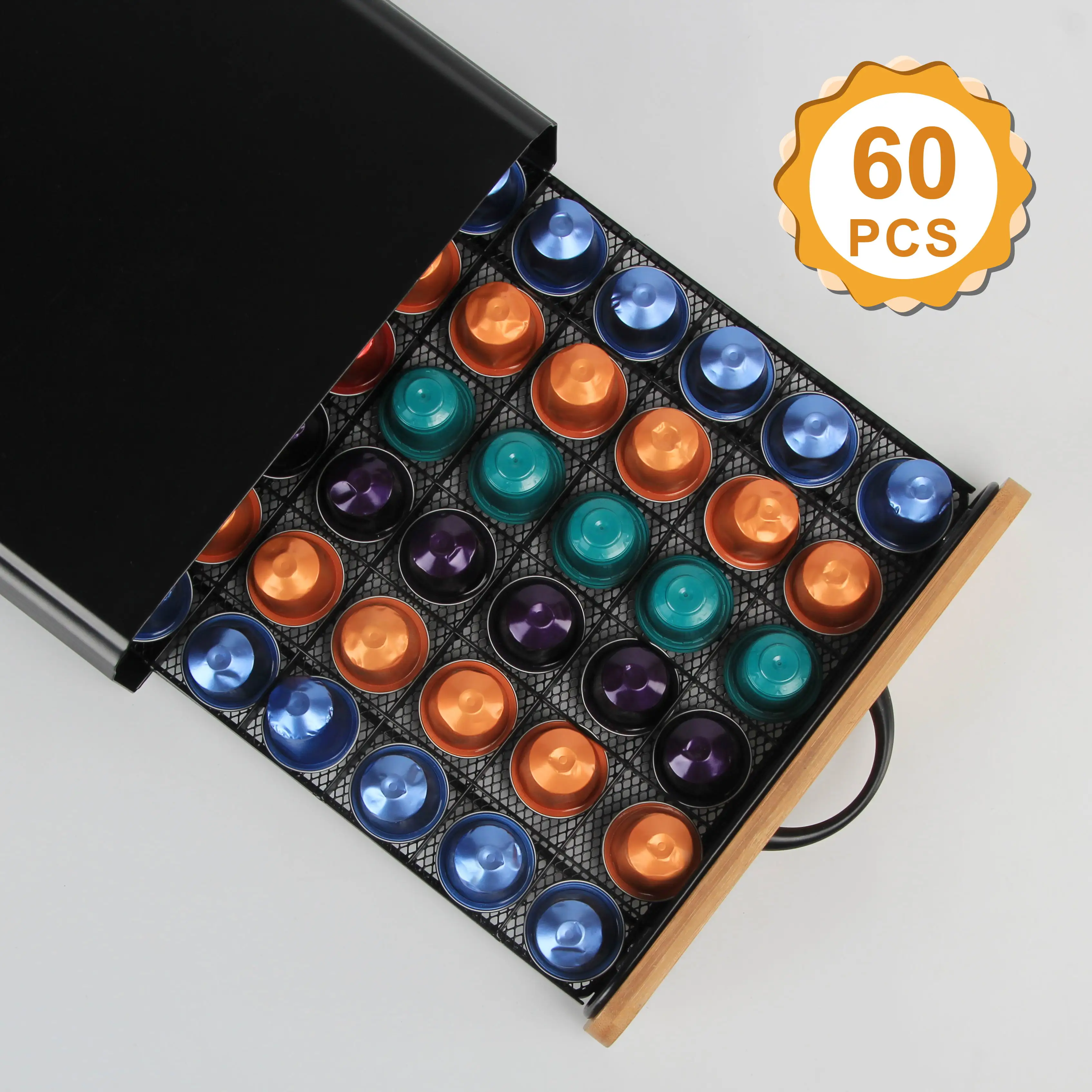 New Design Bamboo 60pcs black handle Nespresso coffee pod drawer capsule holder