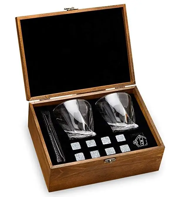 Solid wooden Whiskey Stones and Whiskey Glass Gift Boxed ,wooden box with whiskey stone accessories