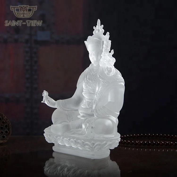 Majestic Colored Glass Liuli Vajrayana Buddha Statue Padmasambhava Sculpture H12cm