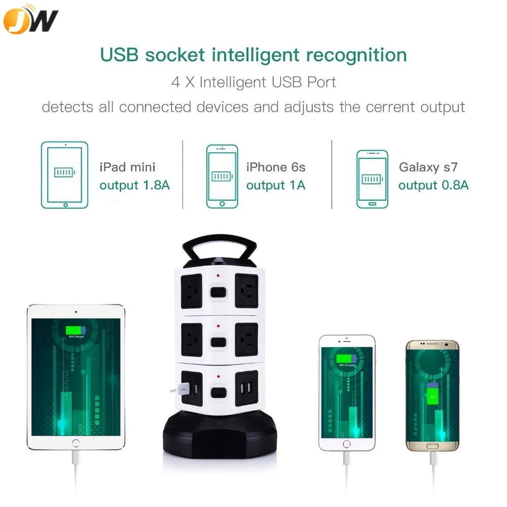 Dongguan Supplier 10 US Outlets 4 USB Ports Vertical Power Strip Surge Protector US Standard Socket