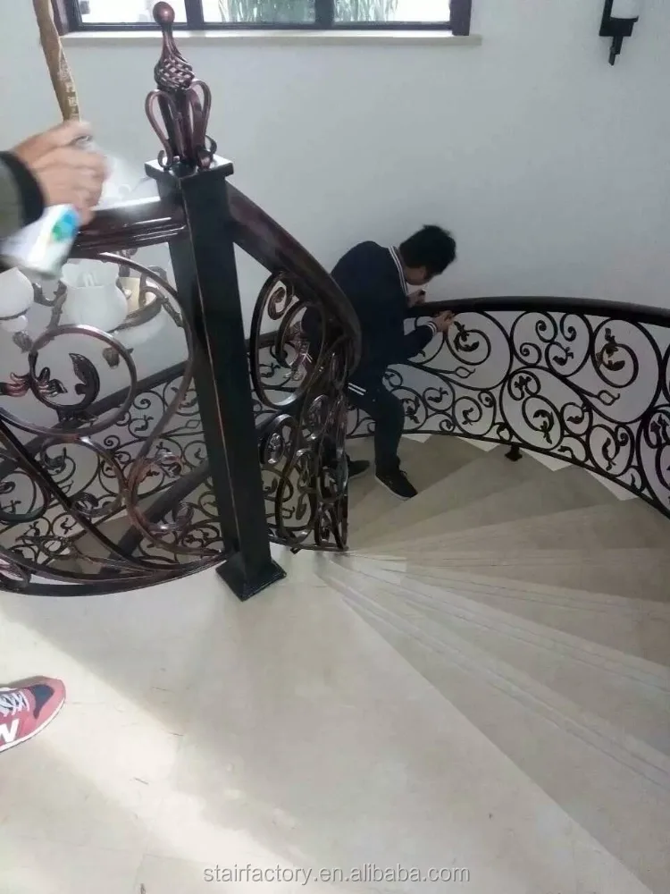 Indoor curved arc staircase Indoor curved marble treads staircase Indoor bending arc iron railings staircase TS-364