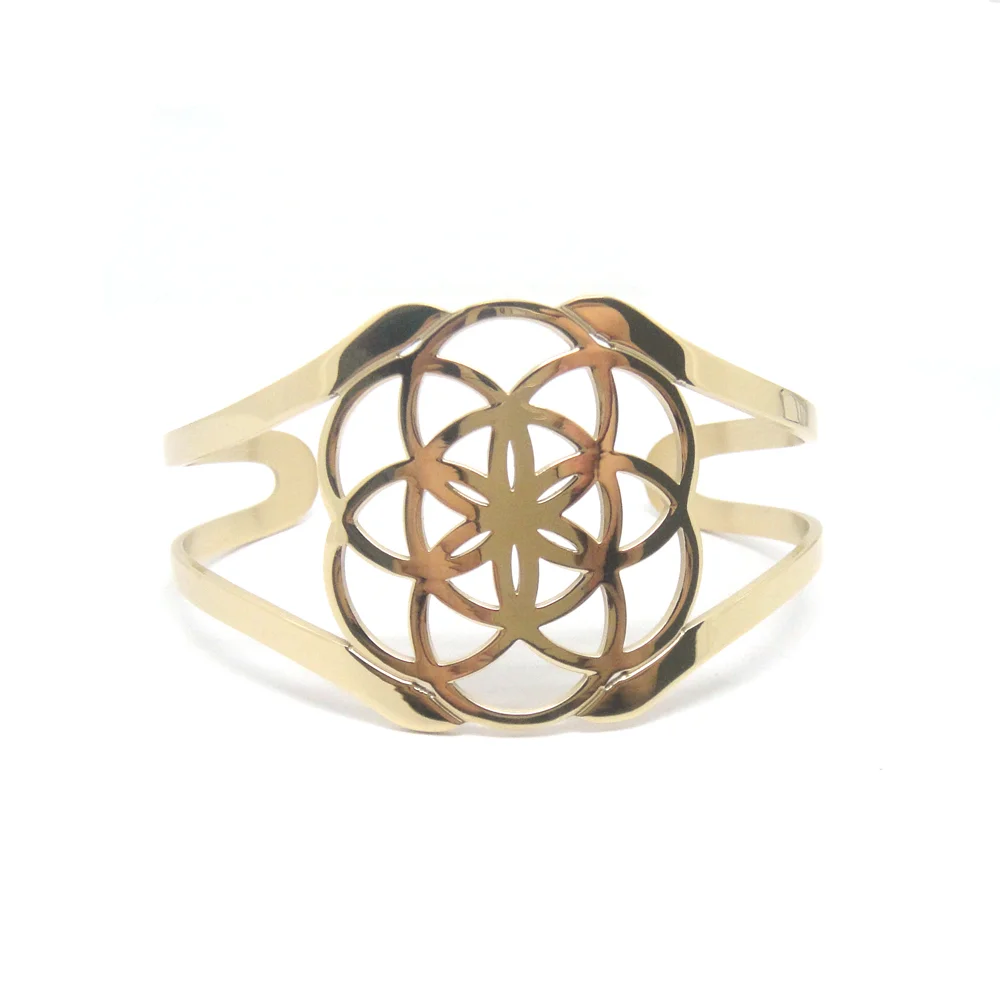 Dainty Seed of Life Charm Cuff Bangle Inspirational Sacred Geometry Mandala Open Bracelet