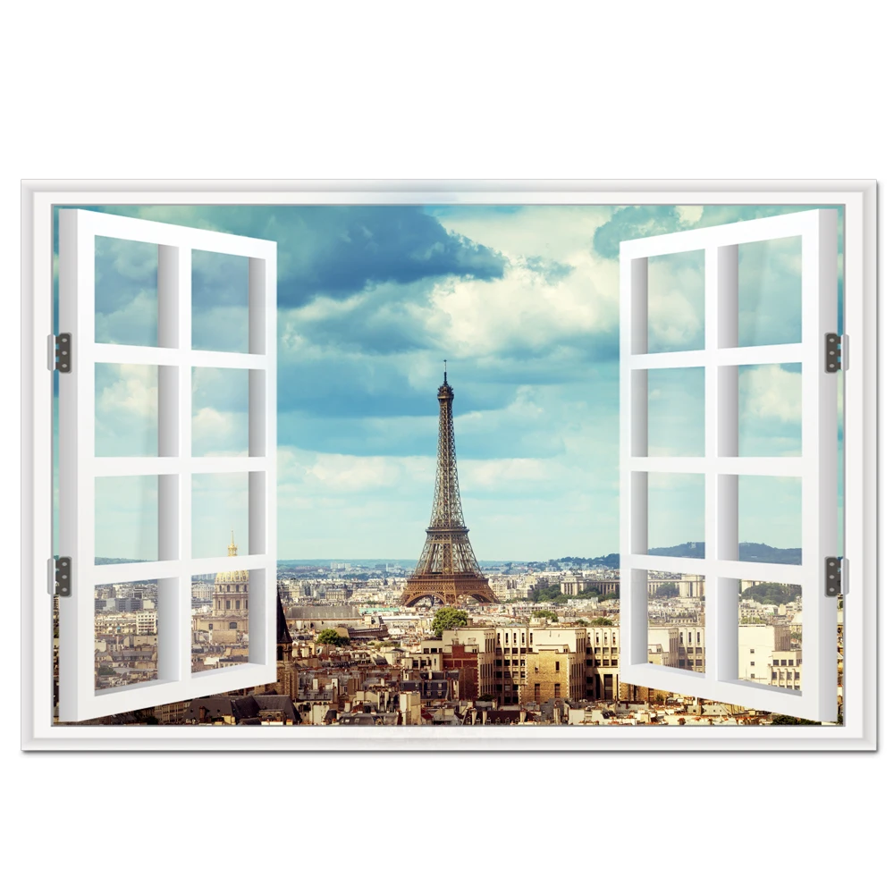 Window Frame Style Artwork Paris Eiffel Tower Poster Art Print on Canvas Vintage Cityscape for Wall Decor