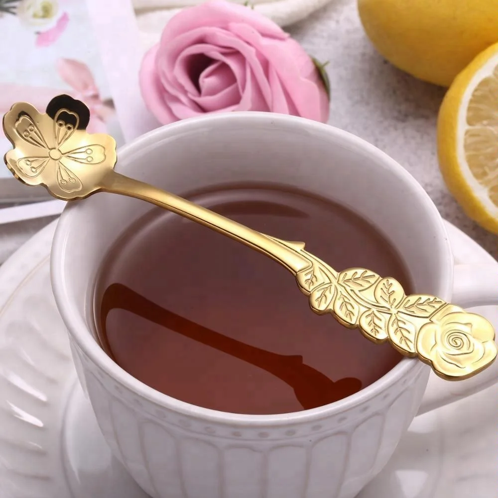 Long Handle Flowers Shaped Stirring Spoon Stainless Steel Gold Plated Coffee Spoon with Flower Shape