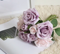 8 Heads Cheap Interior Red Rose Artificial Flower Bouquet Mini