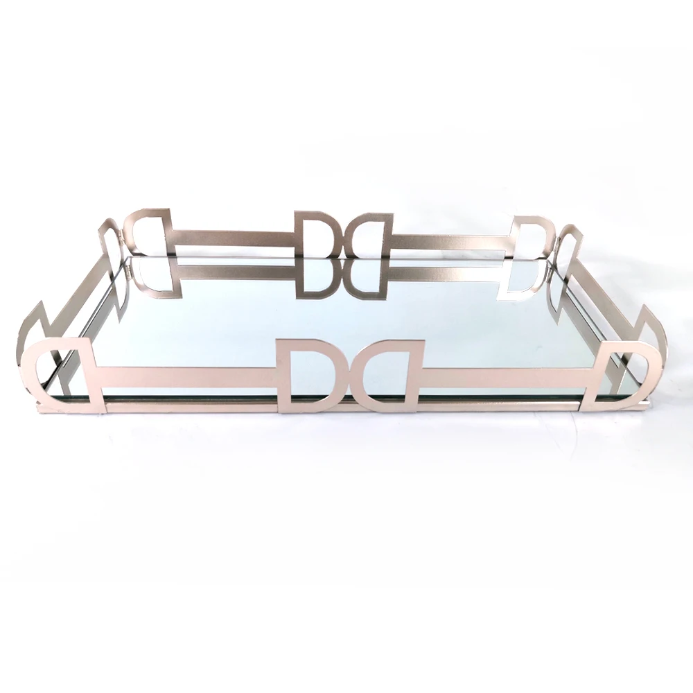 100% handmade rectangle rose gold mirror glass metal serving tray with handles for home decor and hotel