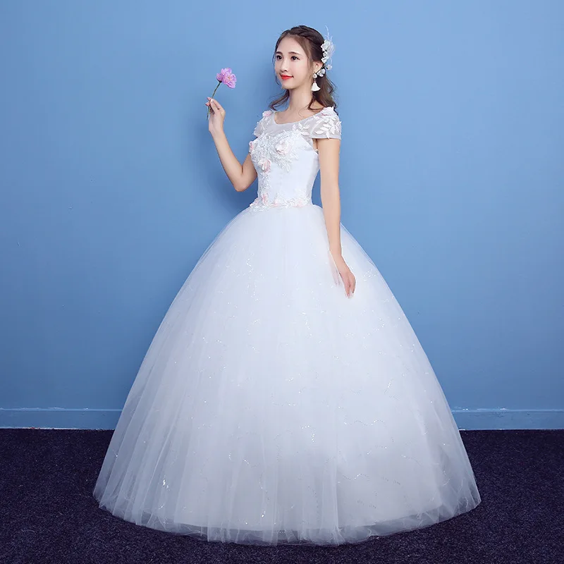 2017 Korea style Cheap Wedding Gown with short Sleeve Pink flower Lace Bridal Dresses