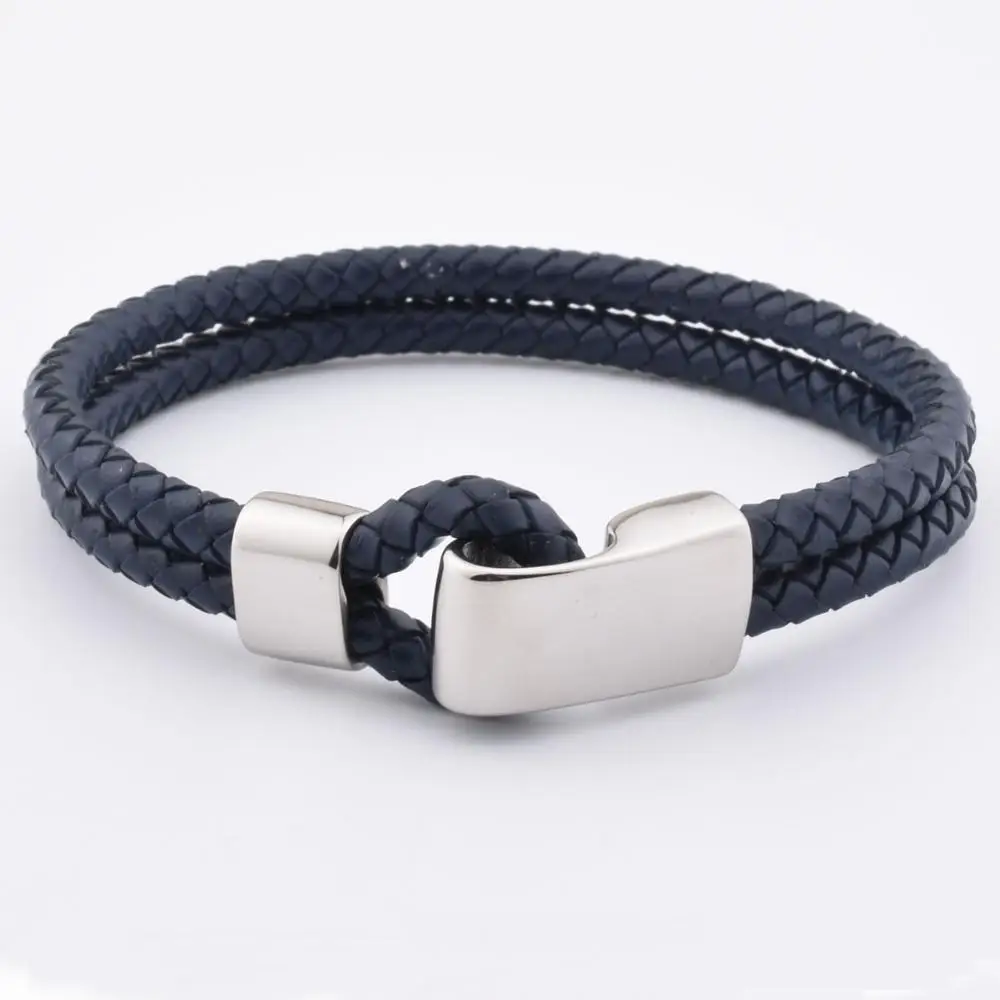 Factory Hot Sale Large Mens Navy Leather Steel Hook Clasp Latest Bracelet For Teenager Men