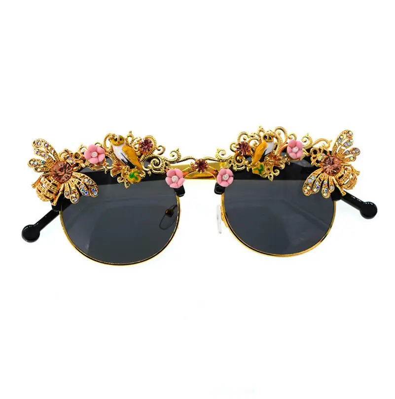 Handmade Luxury Baroque Rhinestone Flower Bee Sunglasses for Women Brand Female Sun Glasses Oculos Crystal Eyewear