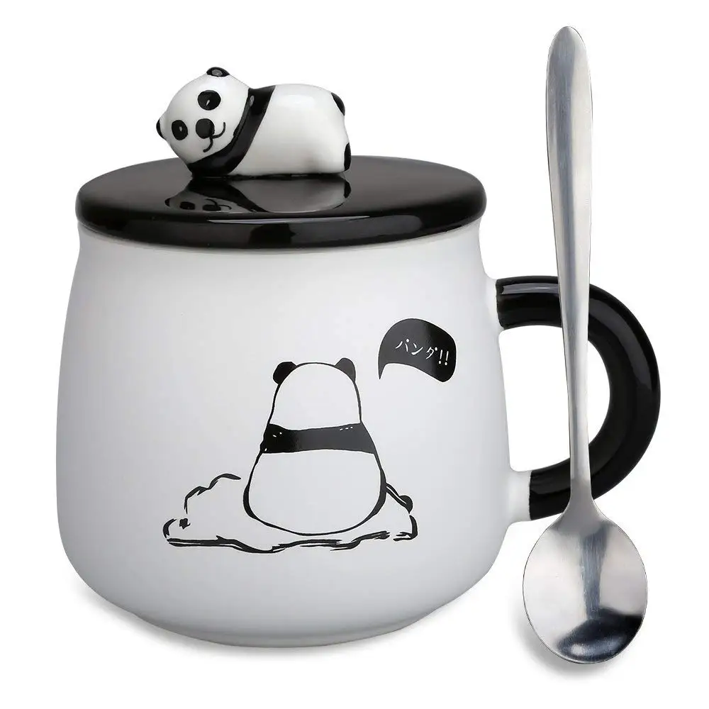 Милая 3D Керамическая кофейная кружка в виде панды, чашка для молока и чая с забавной крышкой и ложкой из нержавеющей стали, новинка, подарок