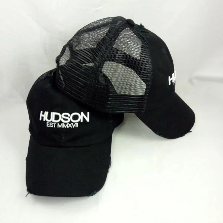 5 panel curved brim black cotton washed embroidery worn out blank vintage custom distress trucker hat cap