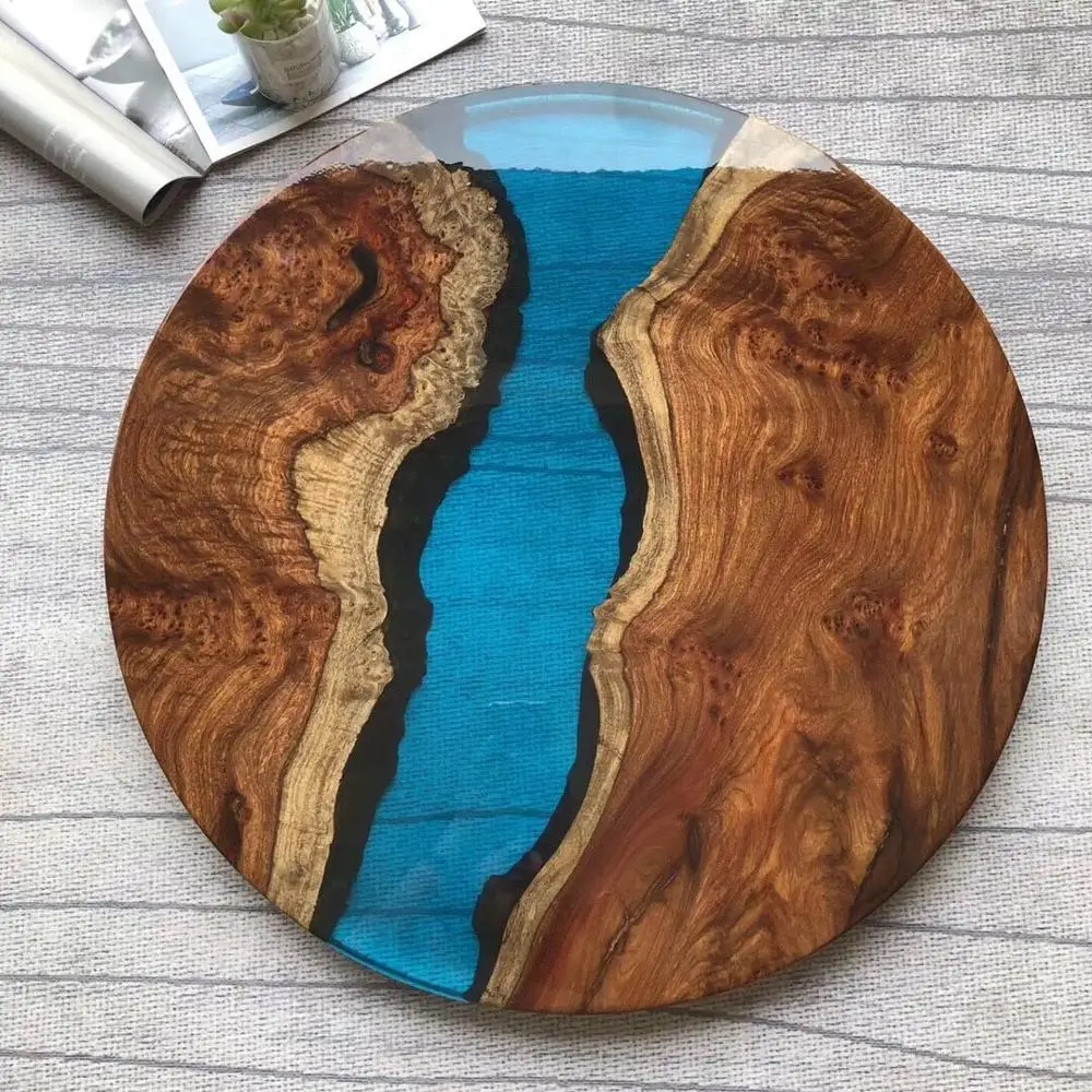 2019 JUNE EXPO modern style solid wood with beautiful blue epoxy resin river serving tray round coffee tray