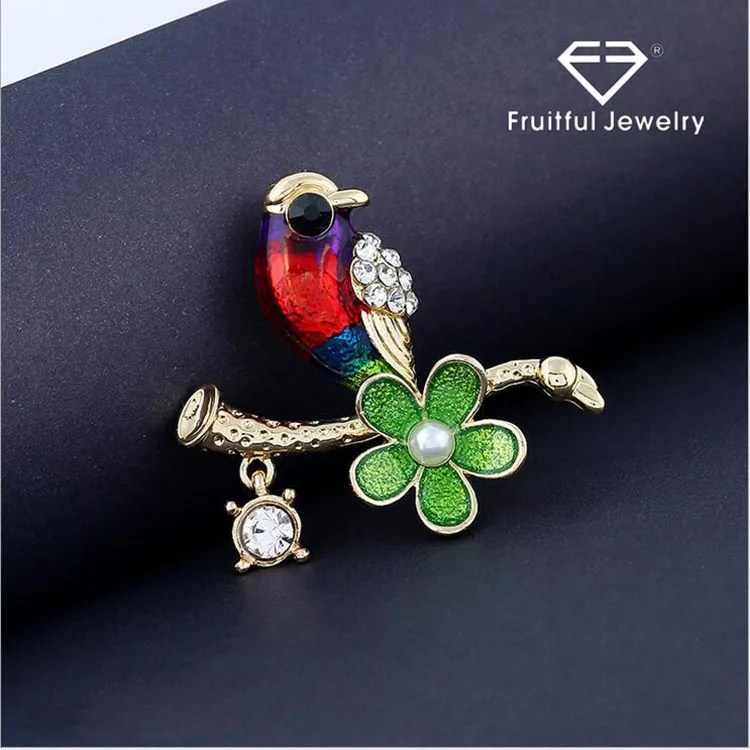 KC Gold Plated Brooch Breastpin Shawl Scarf Lapel Pins Pearl Crystal Hand Painting Green Flower Bird Tree Branch Brooch