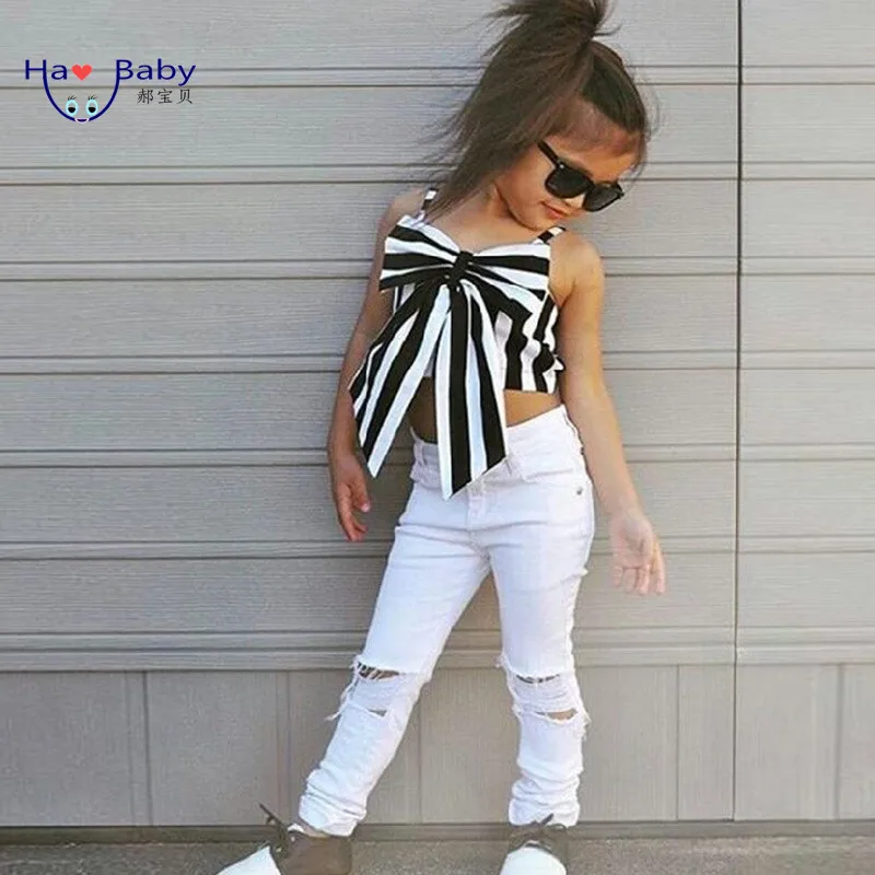 Hao Baby Explosion Models 2019 European And American Children Wear Striped Butterfly Girls Set Children Hole Trousers