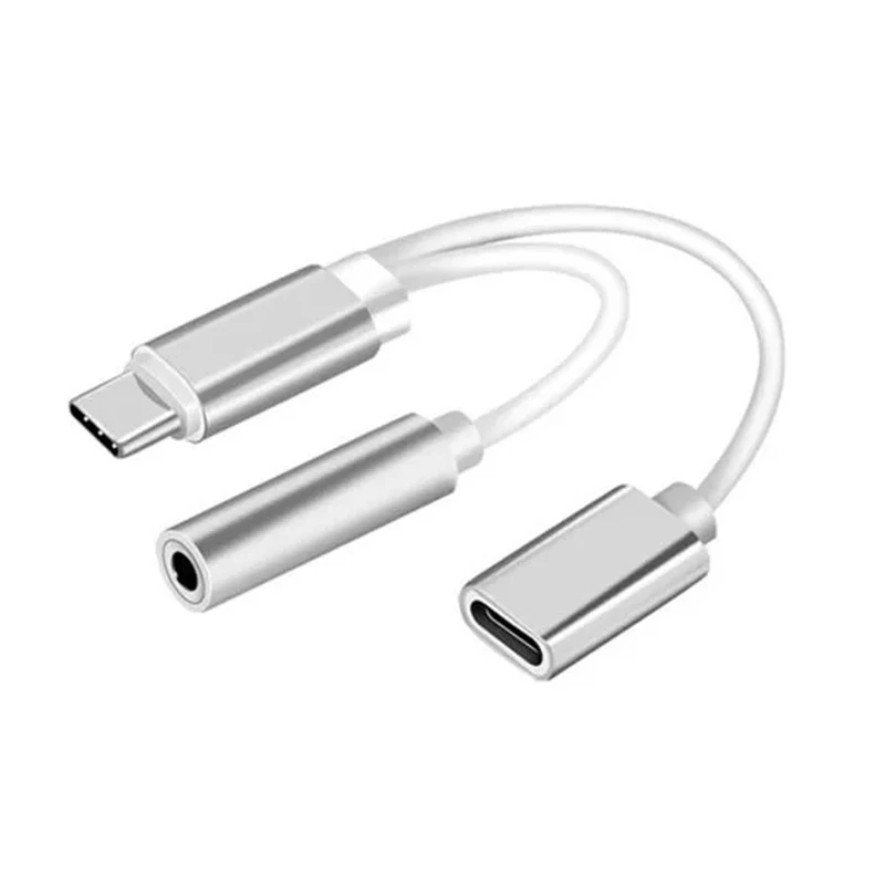 2 in 1 USB 3.1 Type-C Charger 3.5 mm Audio Headphone Jack Adapter Cable - Silver