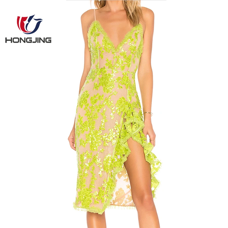 women adjustable shoulder straps v- neck dressFloral sequin embroidered Lace Sheath Back zipper closure sleeveless Scalloped hem