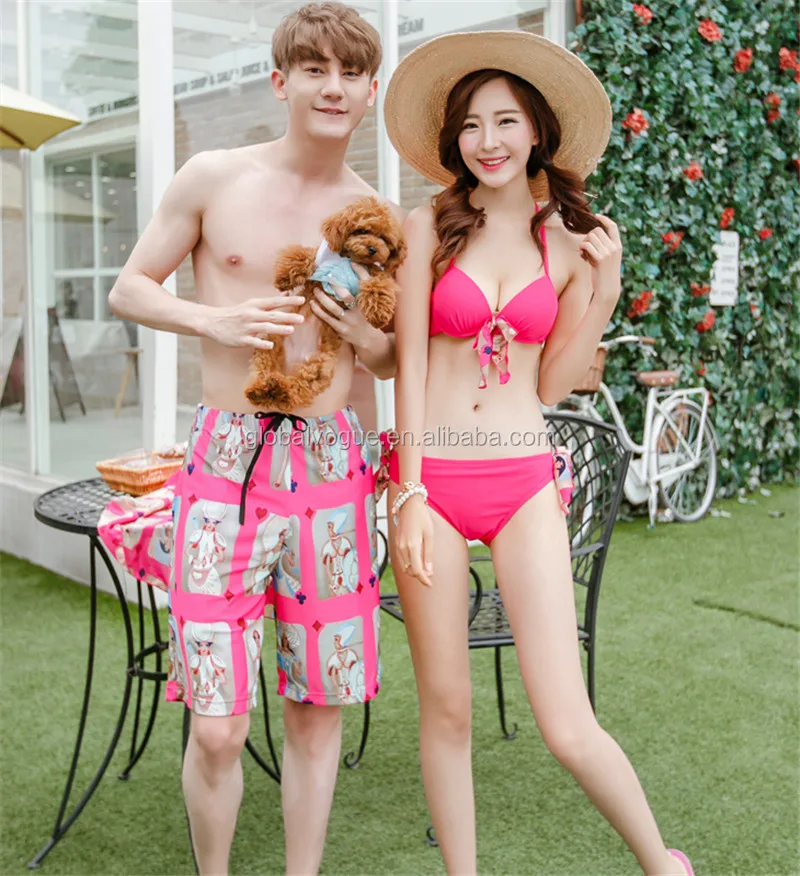 Hot Sale Printing Couples Swimwear Man and Woman Womens Bikini Shorts Polyester Men Beach Shorts Lovers Beach Spa Bathing Suits