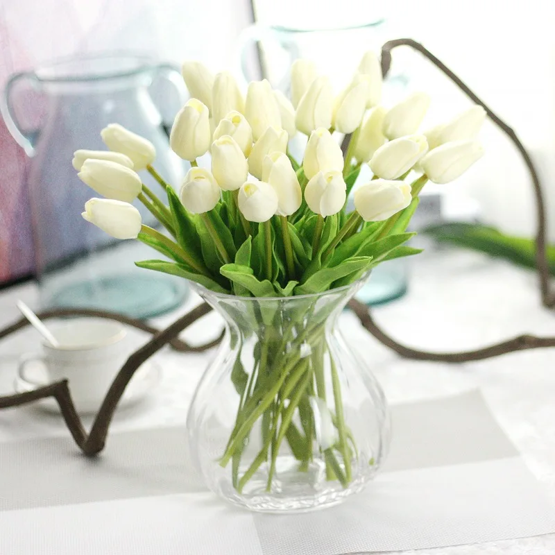 Hot sale handmade silk fake white tulip artificial flower in glass vase