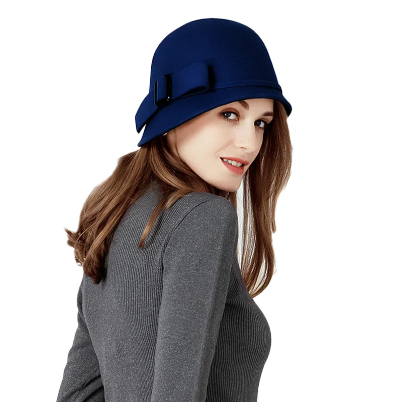2019 Vintage Black Yellow Blue Bowler Wool Felt Cloche Hat With Bowknot Wide Brim Fedoras Ladies Floppy Derby Hats Cap Wholesale