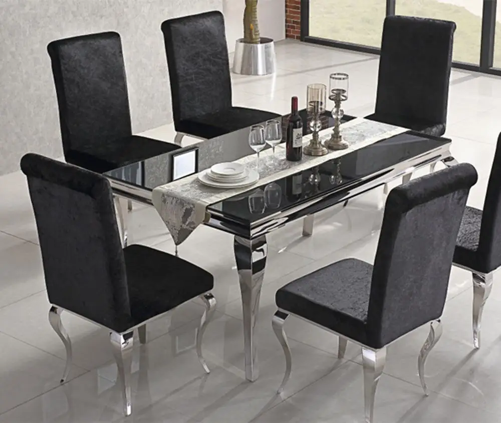 Customized furniture simple style stainless steel legs glass top dining table