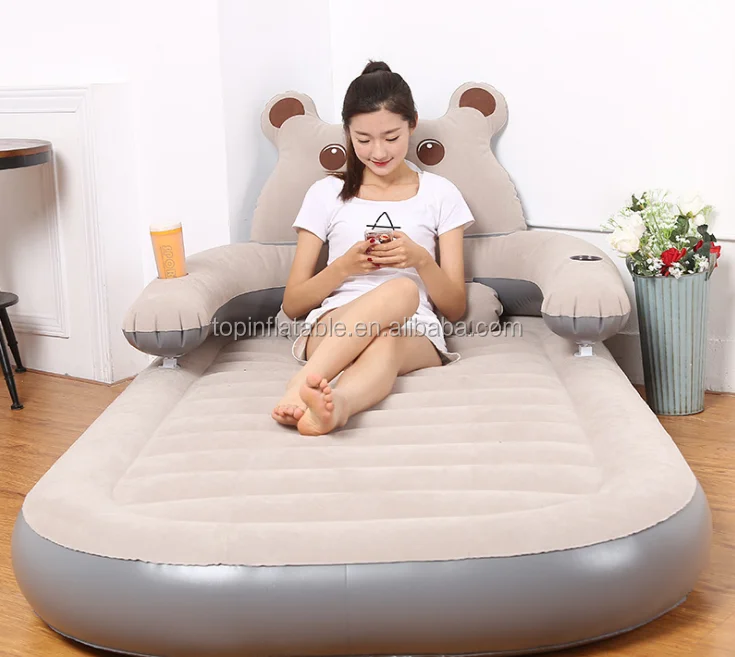 Soft Raised Flocked Fabric airbed twin home use inflatable mattress with built-in Pump kawaii bear style