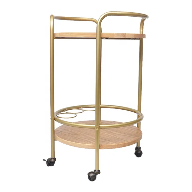 
Carefully selected materials soild wood shelevs golden metal frame bar serving carts trolleys 