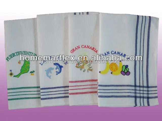 
yarn dye waffle weaving kitchen tea towel with embroidery 