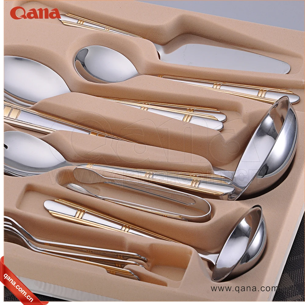 QANA Factory wholesale OEM Arabic style cutlery set high grade wedding gift gold plated cutlery set with wooden leather case