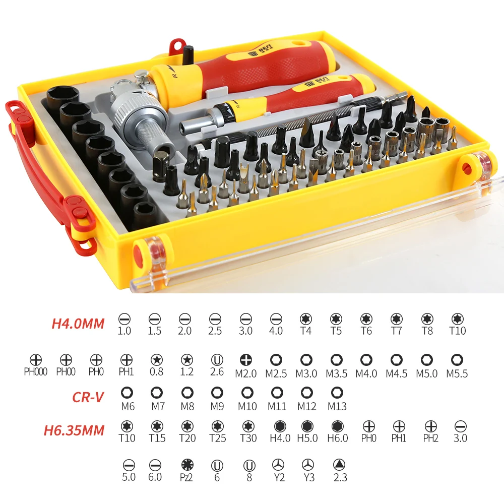 BST-2028A 62pcs Multi-function Rapid Ratchet Hand Screwdriver Sets with 90 Degree Hex Phillips Torx Slotted Bits