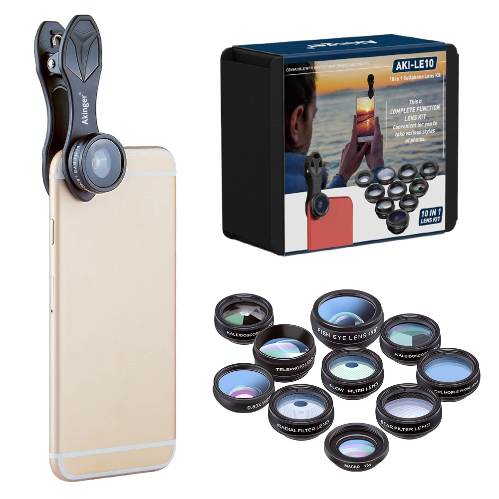 Akinger 10in1 телефон объектив камеры комплект 2X объектива телескопа