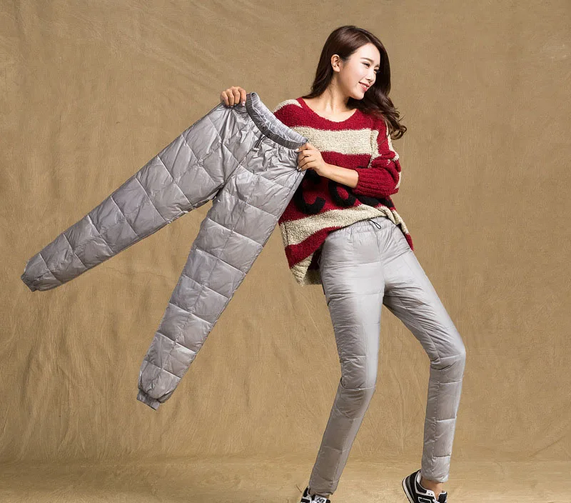 Custom logo outdoor nylon long winter white duck down filled pants women