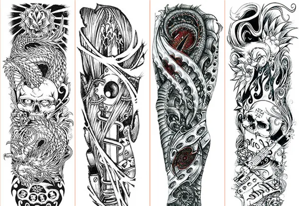  Тату-наклейки на всю руку большой цветок плечо искусственная татуировка рукава для мужчин рисование тела череп смерти роза черный огонь