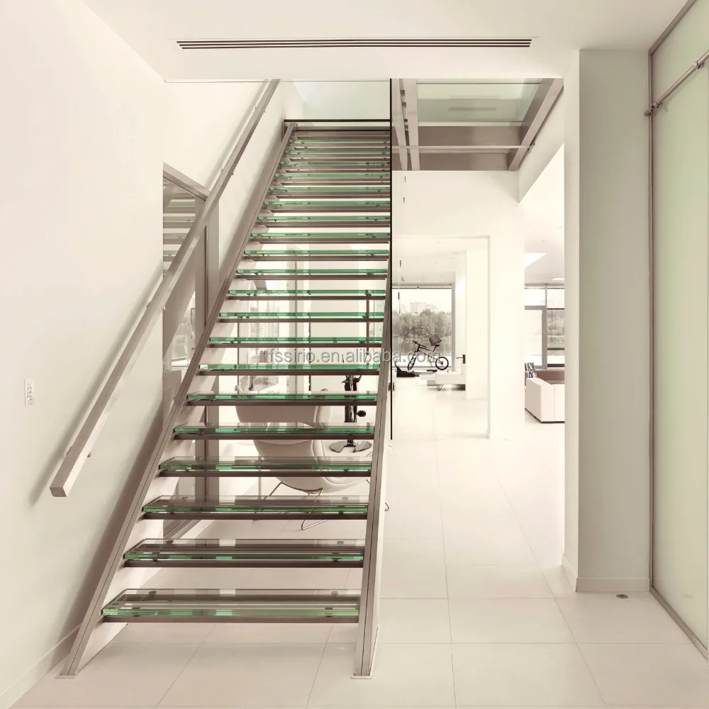 
Straight staircase design with solid wood treads or laminated glass treads indoor used 