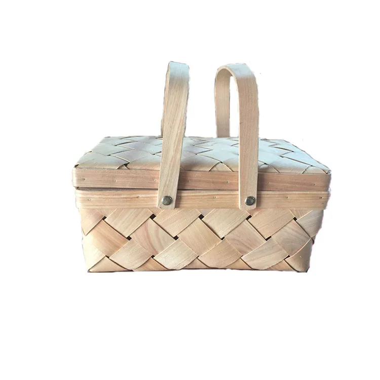 Vintage Picnic Basket Woven Wood Storage Home Decor Rustic wooden baskets with handles