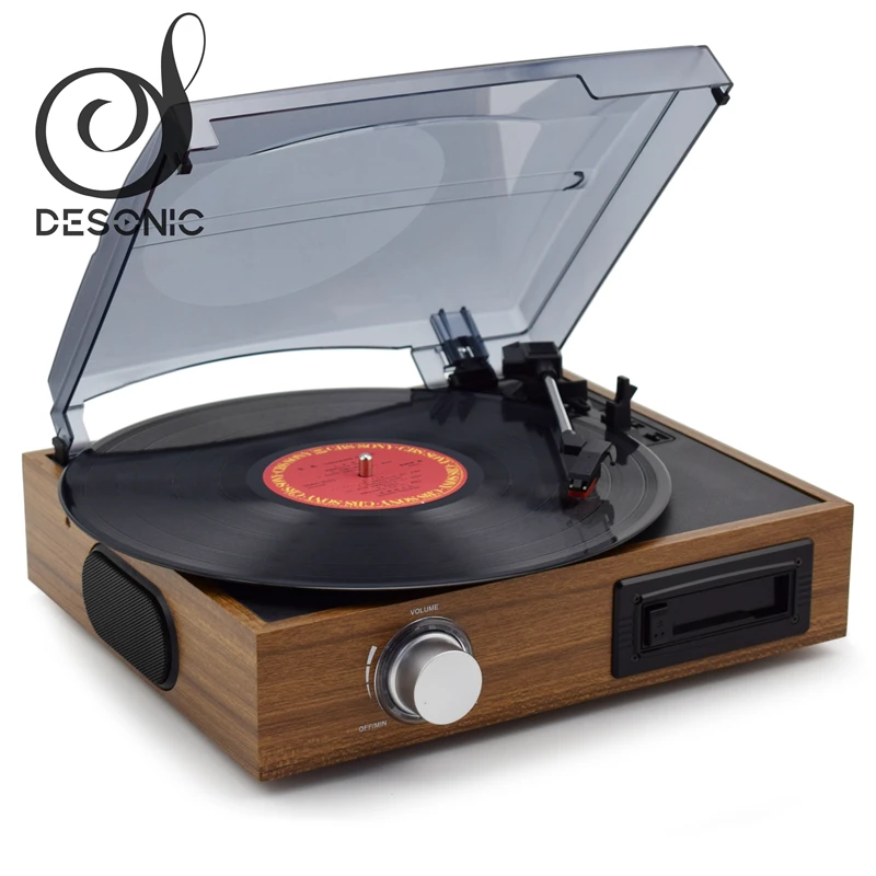 2019 Hot sale classic wooden gramophone record player vinyl turntable with cassette player& built in speakers