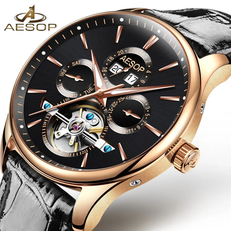AESOP Brand Fashion Men stainless steel case genuine leather Chronograph automatic Quartz watch