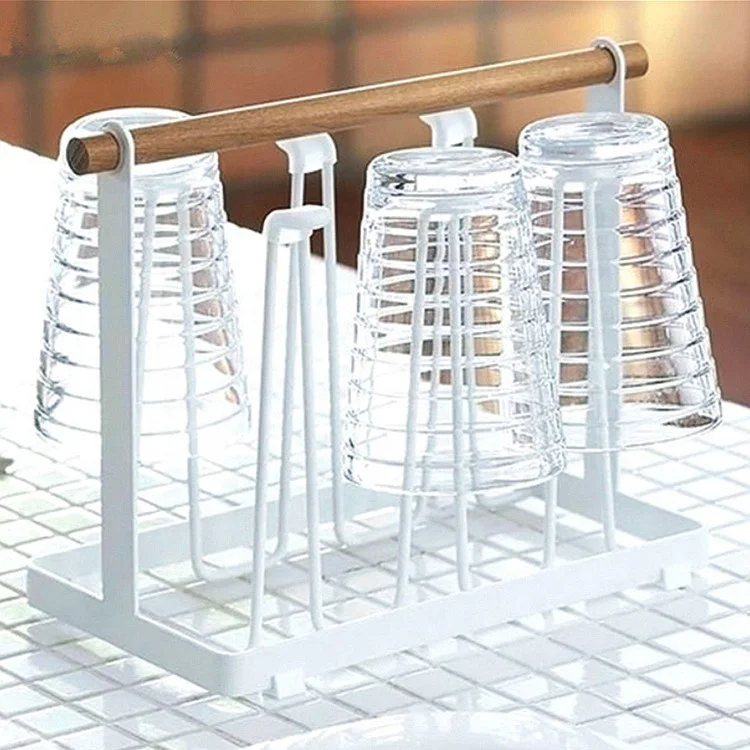 
Cup Drying Rack Stand for Counter Top & Cabinet Metal Mug Water Bottles Wine Glass Drainer Rack Holder with Wood Handle Kitchen 