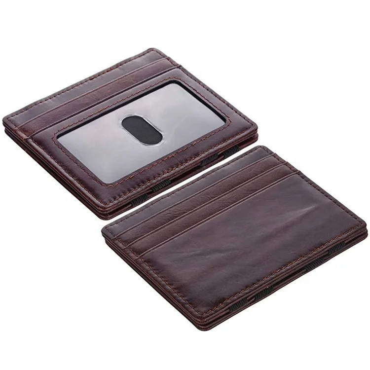 Custom Fashion Genuine Leather Minimalist RFID Blocking Slim Mens Money Magic Wallet with Elastic Straps